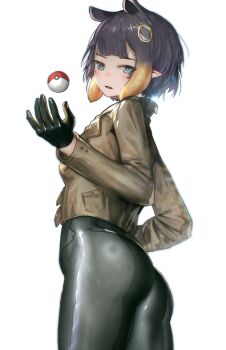 1girl absurdres advarcher ass black_bodysuit black_gloves bodysuit bodysuit_under_clothes brown_jacket cosplay emma_(pokemon) emma_(pokemon)_(cosplay) gloves gradient_hair grey_eyes highres hololive hololive_english jacket multicolored_hair ninomae_ina&#039;nis nintendo orange_hair pokemon pokemon_legends:_z-a purple_hair simple_background solo tentacle_hair virtual_youtuber white_background