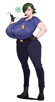 1girl 2024 amx1375 arm_up avis_(strangehero) belt black_boots black_bra black_gloves blue_pants blue_shirt bob_cut boots borrowed_character bra bra_visible_through_clothes breasts collarbone commentary earrings english_commentary female_focus full_body gigantic_breasts gloves green_lips hair_over_one_eye half-closed_eyes hand_on_own_hip highres holster jewelry jitome looking_at_viewer mature_female mole mole_under_mouth muscular muscular_female open_mouth original pants piercing pinky_out police police_uniform policewoman see-through_clothes see-through_shirt shadow shirt short_hair short_sleeves simple_background solo speech_bubble standing straight_hair strangehero taut_clothes teeth underwear upper_teeth_only white_background