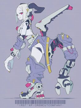 1girl barcode ccc_kakugari colored_skin from_side full_body grey_hair highres horns joints leaning_forward looking_at_viewer mechanical_horns mechanical_tail no_pupils original parted_bangs pink_eyes purple_background robot_girl robot_joints short_hair simple_background smile solo tail tail_cover white_skin zipper