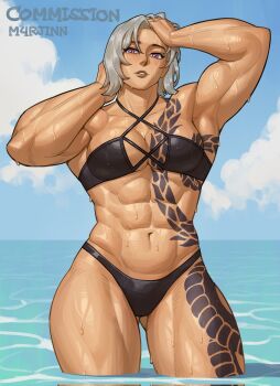 1girl abs armpit_tattoo arms_up artist_name bikini black_bikini blue_sky blush breast_tattoo breasts cleavage cloud cloudy_sky collarbone commentary commission corrupted_twitter_file cowboy_shot english_commentary gluteal_fold grey_hair hands_in_own_hair highres in_water lavender_(havexiv) leg_tattoo light_smile lips looking_at_viewer m4rjinn medium_breasts muscular muscular_female navel nose ocean original parted_lips purple_eyes ribs short_hair shoulder_tattoo sky solo stomach_tattoo swimsuit tattoo teeth thick_thighs thighs wet