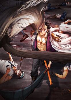 Rule 34 | 6+boys, aged down, artist name, bird, black hair, black shirt, blood, blood on clothes, blood on face, coat, coat on shoulders, corpse, death, dracule mihawk, epaulettes, hawk, highres, holding, holding sword, holding weapon, looking at viewer, male focus, manofbeskar, marine (one piece), marine uniform (one piece), multiple boys, muscular, muscular male, one piece, open clothes, open mouth, open shirt, purple shirt, ringed eyes, shirt, short hair, smile, sword, two-tone shirt, walking, weapon, white coat, yellow eyes, yoru (sword)