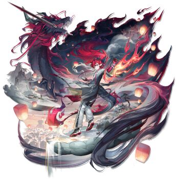 1boy absurdres arknights arm_tattoo arm_up baggy_pants beads belt biting black_belt blue_hair blue_tattoo bowl building chopsticks closed_mouth colored_tips dragon dragon_boy dragon_horns dragon_tail drop_shadow earrings eastern_dragon eastern_dragon_horns eastern_dragon_tail fire flame_tattoo forked_eyebrows from_side full_body green_eyes grey_jacket hand_up high_collar high_ponytail highres holding holding_bowl holding_chopsticks horns jacket jewelry kang_yiqian_(self_cultivation) lantern long_sleeves looking_at_viewer male_focus multicolored_hair official_art pants paper_lantern parted_bangs pointy_ears ponytail red_hair red_tattoo shoes sidelocks sleeve_zipper smile sneakers solo streaked_hair sword tachi-e tail tattoo third-party_source weapon weapon_in_mouth white_pants yu_(arknights) zipper