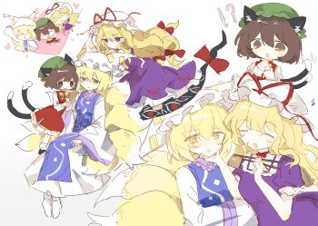 Rule 34 | !?, 3girls, :3, absurdres, animal ears, blonde hair, blue tabard, blush, bow, bowtie, brown eyes, brown hair, cat ears, cat girl, cat tail, chen, chibi, choker, chopsticks, closed eyes, closed mouth, commentary, dress, embarrassed, feeding, fox girl, fox tail, gap (touhou), hair between eyes, hair ribbon, hand on another's chin, hat, heart, highres, holding, holding chopsticks, holding hands, kitsune, kyuubi, long hair, long sleeves, medium hair, mob cap, multiple girls, multiple tails, open mouth, own hands together, parted lips, purple dress, purple eyes, red dress, ribbon, ribbon choker, shirt, short sleeves, smile, tabard, tail, touhou, two tails, white background, white dress, white shirt, wusem0108, yakumo ran, yakumo yukari, yellow bow, yellow bowtie, yellow eyes