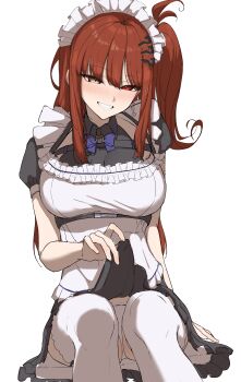 1girl absurdres alternate_costume apron black_dress blue_bow blue_bowtie blush bow bowtie breasts clothes_lift commission daiya_fortuna dress dress_lift enmaided frilled_apron frills grey_eyes grin hair_ornament heterochromia highres kaekae_kaeru large_breasts lifting_own_clothes long_hair looking_at_viewer maid maid_apron maid_headdress number_hair_ornament panties pixellink puffy_short_sleeves puffy_sleeves red_eyes red_hair short_sleeves side_ponytail simple_background sitting skeb_commission smile solo thighhighs underwear virtual_youtuber white_apron white_background white_panties white_thighhighs