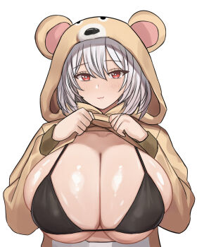 1girl :3 animal_ears animal_hood azur_lane bear_ears bear_hood bikini black_bikini blush breasts brown_hoodie cleavage clothes_lift collarbone commentary_request erufura grey_hair hair_between_eyes highres hood hoodie hoodie_lift lifting_own_clothes long_sleeves looking_at_viewer red_eyes sidelocks simple_background sirius_(azur_lane) smile solo swimsuit upper_body white_background
