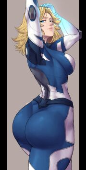 Rule 34 | 1girl, absurdres, arms up, ass, ass focus, black lines, blonde hair, blue eyes, bodysuit, breasts, from behind, gloves, highres, huge ass, large breasts, limn044, long hair, looking at viewer, looking back, marvel, marvel rivals, sideboob, skin tight, smile, solo, sue storm