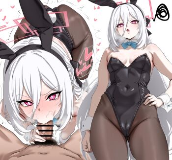 Rule 34 | 1boy, 1girl, absurdres, alternate costume, animal ears, bar censor, bare shoulders, black leotard, blue archive, blue bow, blue bowtie, blush, bow, bowtie, breasts, bright pupils, brown pantyhose, censored, cleavage, commentary request, detached collar, fake animal ears, fellatio, hair between eyes, halo, hand on own hip, hetero, highres, kei (blue archive), kei (new body) (blue archive), leotard, long hair, looking at viewer, male pubic hair, open mouth, oral, pantyhose, penis, pink eyes, pink halo, playboy bunny, pubic hair, rabbit ears, simple background, small breasts, standing, white background, white hair, white pupils, woo (woosan)