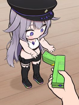 Rule 34 | 1girl, 1other, alternate costume, black footwear, black hat, black shorts, black thighhighs, crop top, go do a crime (meme), gun, handgun, hashtag-only commentary, hat, highres, hololive, hololive english, koseki bijou, long hair, meme, peaked cap, police hat, purple eyes, purple hair, sanwanton, short shorts, shorts, thighhighs, virtual youtuber, weapon