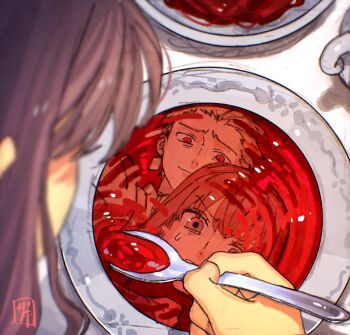 Rule 34 | 1boy, 1girl, blonde hair, blunt bangs, bowl, brown eyes, brown hair, closed mouth, earrings, fate/extra, fate/extra ccc, fate (series), food, from above, furrowed brow, gilgamesh (fate), hair slicked back, highres, holding, holding spoon, jewelry, kishinami hakuno (female), long hair, looking at another, looking at reflection, parted lips, portrait, raised inner eyebrows, red eyes, reflection, reflection focus, ripples, short hair, signature, sksk sn09, slit pupils, smile, soup, spoon, sweatdrop, table, teapot, turn pale