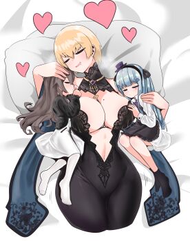 Rule 34 | 3girls, absurdres, breasts, cropped legs, dress, elflorri, girls' frontline, heart, highres, hk416 (black kitty's gift) (girls' frontline), hk416 (girls' frontline), mole, mole on breast, mole under eye, multiple girls, official alternate costume, sleeping, tagme, ump45 (agent lop rabbit) (girls' frontline), ump45 (girls' frontline), vsk-94 (girls' frontline), vsk-94 (night on the silver bay) (girls' frontline)