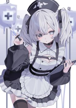 Rule 34 | 1girl, :o, absurdres, apron, belt collar, black collar, black hat, black ribbon, black thighhighs, blush, breasts, cleavage cutout, clothing cutout, collar, commentary, cross-shaped pupils, dot nose, dress, frilled apron, frilled dress, frills, grey eyes, grey hair, hair between eyes, hair ribbon, hashtag-only commentary, hat, highres, holding, holding syringe, intravenous drip, iv stand, looking at viewer, medium breasts, nurse cap, open mouth, original, ribbon, short twintails, solo, squallea, symbol-only commentary, symbol-shaped pupils, syringe, thighhighs, twintails
