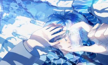 1boy artist_name blue_eyes blue_scarf blue_theme bottle commentary_request glass_bottle half-closed_eyes hands_up highres long_sleeves looking_at_object male_focus original parted_lips portrait scarf short_hair teardrops_(user_vgvd7733) tears