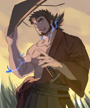 Rule 34 | 1boy, alternate costume, bara, bare pectorals, beard, black hair, blue fire, chinstrap beard, commentary request, cowboy shot, dark-skinned male, dark skin, facial hair, facial scar, fire, forked eyebrows, hadanugi dousa, hat, head tilt, highres, katana, large pectorals, looking at viewer, male focus, mature male, momodayuu4, muscular, muscular male, open kimono, pectorals, sandayu (housamo), scar, scar on cheek, scar on face, sheath, sheathed, solo, straw hat, sword, thick eyebrows, tokyo houkago summoners, tongue, tongue out, unfinished, weapon