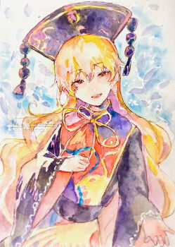 Rule 34 | 1girl, absurdres, belt, black belt, black dress, black hat, blonde hair, chinese clothes, clenched hand, colored inner hair, commentary request, cowboy shot, crescent, crescent print, dalachi (headdress), dress, fish, gold trim, hair between eyes, half-closed eyes, hand on own chest, hands up, hat, highres, junko (touhou), legacy of lunatic kingdom, long hair, long sleeves, looking at viewer, mandarin collar, multicolored hair, navybluesparrow, neck ribbon, open mouth, painting (medium), phoenix print, pom pom (clothes), purple hair, red eyes, red tabard, ribbon, smile, solo, standing, tabard, tassel, teeth, tongue, touhou, traditional media, underwear, watercolor (medium), wavy hair, wide sleeves, yellow ribbon
