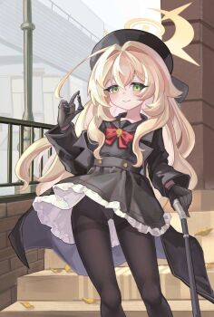 1girl beret black_coat black_hat black_pantyhose black_sailor_collar black_serafuku blonde_hair blue_archive bow bowtie cane chess_piece coat feet_out_of_frame fluffy_hair gluteal_fold green_eyes halo hat holding holding_cane holding_chess_piece long_hair looking_at_viewer mozhu_333 open_clothes open_coat panties panties_under_pantyhose pantyhose pantyshot professor_niyaniya_(blue_archive) red_bow red_bowtie sailor_collar school_uniform serafuku side_ahoge smile solo thighband_pantyhose underwear yellow_halo