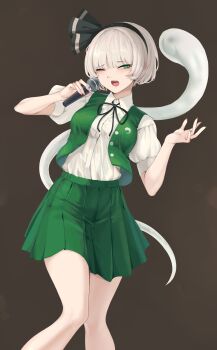 Rule 34 | 1girl, absurdres, black hairband, breasts, commentary, english commentary, green eyes, green skirt, green vest, hairband, highres, holding, holding microphone, konpaku youmu, konpaku youmu (ghost), medium breasts, microphone, miniskirt, music, pleated skirt, shirt, shirt tucked in, short hair, short sleeves, singing, skirt, solo, son (c100011), touhou, vest, white hair, white shirt