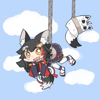 1girl :3 and_takashi animal_ear_fluff animal_ears black_hair blue_background blue_skirt blush bright_pupils chain chained chained_together chibi cloud commentary_request detached_sleeves fox_ears fox_tail furrowed_brow hair_ornament highres hololive long_hair long_sleeves miteiru_(shirakami_fubuki) multicolored_hair necktie ookami_mio ookami_mio_(1st_costume) open_mouth pantyhose pleated_skirt red_hair red_necktie sandals skirt sky streaked_hair suspension sweat tail textless_version virtual_youtuber white_pantyhose white_pupils wolf_ears wolf_girl wolf_tail yellow_eyes