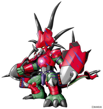 armor colored_skin commentary_request digimon digimon_(creature) digimon_card_game digimon_liberator dual_wielding full_body green_skin green_tail gun helmet holding holding_shield horns official_art red_armor red_helmet rocket_launcher shield simple_background spikes styracomon weapon white_background yellow_eyes