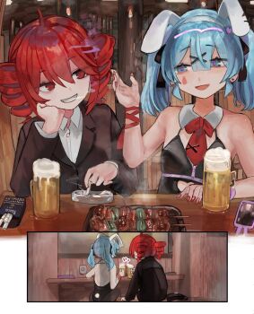 Rule 34 | 2girls, ahoge, alcohol, alternate costume, animal ear hairband, animal ears, astray, beer, beer mug, black leotard, black vest, blue eyes, blue hair, cellphone, cigarette, cigarette pack, cup, detached collar, drill hair, drink, fake animal ears, food, hair ornament, hairband, hand on own chin, hand on table, hatsune miku, highres, holding, holding cigarette, kasane teto, leotard, looking at another, microa, mug, multiple girls, phone, rabbit ear hairband, rabbit ears, rabbit hole (vocaloid), red eyes, red hair, red nails, restaurant, smartphone, twin drills, twintails, utau, vest, vocaloid, water drop print, x hair ornament