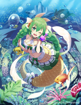 1girl air_bubble bubble cardfight!!_vanguard commentary_request copyright_notice coral fish green_eyes green_hair mermaid monster_girl navel official_art one_eye_closed pleated_skirt skirt solo tokumaro turtle underwater