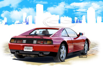 2025 artist_name blue_sky car city cloud cloudy_sky commentary_request copyright_notice dated day exhaust_pipe ferrari ferrari_348_gtb license_plate logo motor_vehicle nimbus_goldbrum no_humans original outdoors product_placement red_car shadow silhouette sky sports_car vehicle_focus watermark