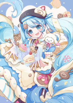 Rule 34 | 1girl, absurdres, animal, apron, aqua eyes, aqua hair, blue bow, blue dress, blue eyes, blue hair, blue sleeves, blush, bow, bowtie, brown hat, cake, cake slice, commentary request, detached sleeves, dress, dress bow, fingernails, food, food-themed clothes, food-themed hat ornament, frilled apron, frills, fur-trimmed dress, fur-trimmed sleeves, fur trim, hair between eyes, hair ornament, hat, hat ornament, hatsune miku, highres, long hair, long sleeves, looking at viewer, nagitofuu, necktie, official alternate costume, official alternate hairstyle, open mouth, pink necktie, puffy sleeves, rabbit yukine, short sleeves, snowflake print, twintails, two-tone sleeves, very long hair, vocaloid, wavy hair, white apron, yuki miku, yuki miku (2026)