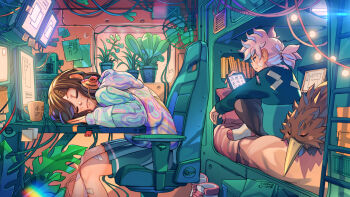 1boy 1girl aqua_skirt aqua_sweater artist_name bandaid bandaid_on_cheek bandaid_on_face bandaid_on_leg bed bedroom bird black_pants brown_hair bunk_bed cable chair closed_eyes closed_mouth coat commentary cup dated desk electric_fan green_sweater hair_ornament hairclip headphones highres holding holding_phone hood hooded_coat indoors kiwi_(bird) ladder looking_at_phone medium_hair monitor multicolored_coat office_chair on_bed on_chair original pants phone pink_hair plant pleated_skirt ponytail potted_plant shoes short_ponytail simz skirt sleeping sleeping_animal sleeping_on_desk socks string_of_light_bulbs sweater swivel_chair torn_clothes torn_sweater two-tone_sweater unworn_shoes vent_(object) white_socks