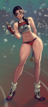 1girl artist_name black_hair blurry bokeh braid breasts collarbone commentary depth_of_field elsevilla english_commentary english_text fingerless_gloves full_body gloves gluteal_fold gold_medal green_eyes highres lens_flare looking_to_the_side loose_socks midriff mole mole_under_mouth navel original parted_lips pointing red_gloves running_track single_braid small_breasts socks solo standing thick_thighs thighs toned toned_female track_uniform