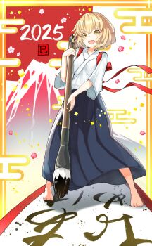 Rule 34 | 1girl, 2025, absurdres, barefoot, blonde hair, blue hakama, calligraphy, calligraphy brush, commentary request, full body, hakama, hakama skirt, hand up, highres, holding, holding calligraphy brush, holding paintbrush, japanese clothes, kimono, legs apart, long sleeves, looking at viewer, mild pitch, new year, open mouth, original, oversized object, paintbrush, red ribbon, ribbon, short hair, skirt, smile, solo, standing, white kimono, wide sleeves, yellow eyes