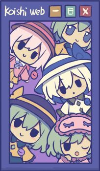 Rule 34 | 5girls, :o, alternate color, alternate costume, aqua hair, backpack, bag, black eyes, black hat, black skirt, blazer, blue border, blue bow, blue bowtie, blue eyes, blue skirt, blush stickers, border, bow, bowtie, buttons, closed mouth, collared shirt, contrast collar, diamond button, english text, frilled shirt collar, frilled sleeves, frills, fumo (doll), hair between eyes, hand on own cheek, hand on own face, hashtag-only commentary, hat, hat bow, highres, jacket, komeiji koishi, long sleeves, looking at viewer, mask, mask on head, miniskirt, multiple girls, multiple persona, one eye closed, parted lips, pink bag, pink hair, pink jacket, pink mask, pink shirt, pleated skirt, purple background, school uniform, shirt, short hair, silverrain, skirt, sleep mask, sleepy, sleeves past fingers, sleeves past wrists, smile, sun hat, third eye, touhou, white hat, white shirt, wide sleeves, window (computing), yawning, yellow bow, yellow shirt, yellow skirt