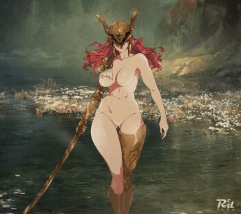 1girl amputee armor artist_logo ass breasts covered_eyes elden_ring flower gluteal_fold golden_sword helmet helmet_over_eyes highres holding holding_sword holding_weapon large_breasts logo long_hair looking_at_viewer malenia_blade_of_miquella malenia_goddess_of_rot mechanical_arms navel no_nipples no_pussy nude prosthesis prosthetic_arm prosthetic_leg r3dfive red_hair single_mechanical_arm solo sword triple_amputee visor_(armor) water weapon white_flower winged_helmet
