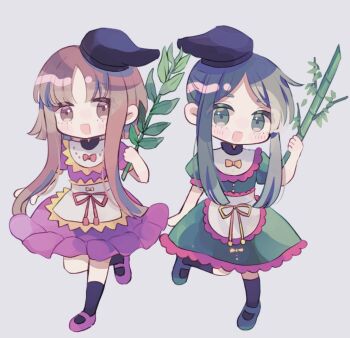 2girls :d apron bamboo black_hat black_socks bow branch brown_eyes brown_hair frilled_skirt frills full_body green_eyes green_hair green_shoes hat hiyuu_(hiyualice) holding holding_branch long_hair looking_at_viewer mary_janes multiple_girls nishida_satono open_mouth parted_bangs pink_bow pink_shirt pink_shoes pink_skirt puffy_short_sleeves puffy_sleeves shirt shoes short_sleeves sidelocks simple_background skirt smile socks standing standing_on_one_leg teireida_mai touhou very_long_hair waist_apron white_apron white_background yellow_bow