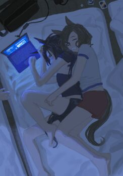 2girls air_shakur_(umamusume) animal_ears barefoot black_hair black_shorts black_tail brown_hair brown_tail cable chinese_commentary closed_eyes commentary_request computer dark dice drooling from_above front-to-back full_body futon heads_together highres horse_ears horse_girl horse_tail laptop laptop_bag long_hair messy_sleeper midriff_peek mouth_drool multiple_girls night pillow red_shorts screen_light shirt short_hair short_shorts short_sleeves shorts sleeping t-shirt tail tap_dance_city_(umamusume) tatami umamusume uno_(game) white_shirt yuri zaixing