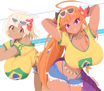 2girls :3 ahoge blonde_hair brazilian_flag brazilian_flag_print brazilian_miku brazilian_miku_(cosplay) breasts cosplay dark-skinned_female dark_skin denim denim_shorts dragon_horns dragon_tail erikuukun eyewear_on_head flag_print hair_ornament hatsune_miku highres hololive hololive_english horns huge_breasts kiryu_coco large_breasts long_hair looking_at_viewer multicolored_hair multiple_girls navel orange_hair pointy_ears rectangular_earrings shirt shorts streaked_hair tail tanline_peek tsukumo_sana virtual_youtuber yellow_shirt