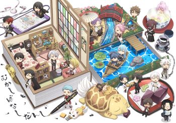 Rule 34 | 6+boys, ?, aqua hair, ball, bathing, bed, black hair, blue eyes, blue hair, boat, book, bridge, brown hair, calligraphy brush, cellphone, chair, chibi, closed eyes, cup, desk, earbuds, earphones, eating, floorplan, flower, food, fox, glasses, hair over one eye, hizen tadahiro, horikawa kunihiro, inkwell, itou (mogura), japanese clothes, jirou tachi, kamekichi, kasen kanesada, kogitsunemaru, konnosuke, kousetsu samonji, lab coat, lily pad, long hair, long sideburns, low-tied long hair, lying, male focus, mini person, miniboy, multiple boys, nankaitarou chouson, oil-paper umbrella, on back, ookurikara, open mouth, otegine, paintbrush, phone, pink hair, plant, ponytail, potted plant, purple eyes, purple hair, red eyes, red hair, revision, rock, sayo samonji, sengo muramasa (touken ranbu), shokudaikiri mitsutada, shorts, sideburns, sitting, smartphone, smile, soccer ball, souza samonji, taikogane sadamune, teacup, tonbokiri (touken ranbu), touken ranbu, track suit, tsurumaru kuninaga, turtle, umbrella, urashima kotetsu, wagashi, watercraft, white hair, wind chime, yagen toushirou, yamabushi kunihiro, yamanbagiri chougi, yamanbagiri kunihiro