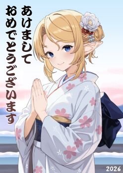 Rule 34 | 1girl, blonde hair, blue eyes, closed mouth, elf, enjo kouhai, floral print, flower, hair flower, hair ornament, highres, iris (takunomi), japanese clothes, kimono, long pointy ears, looking at viewer, new year, obi, outdoors, pointy ears, praying, sash, smile, snow, solo, standing, takunomi, translated, upper body
