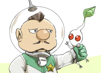 Rule 34 | 1boy, badge, big nose, black eyes, brown hair, charlie (pikmin), clenched hand, colored skin, commentary request, facial hair, gloves, green background, green gloves, half-closed eyes, helmet, holding another's arm, leaf, looking at another, mustache, naru (wish field), nintendo, no mouth, outstretched hand, parted lips, pikmin (creature), pikmin (series), radio antenna, red eyes, short hair, solid circle eyes, space helmet, spacesuit, star (symbol), tan, two-tone background, upper body, very short hair, waving, whistle, white background, white pikmin, white skin