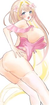 1girl :d absurdres alberto_di_giussano_(a_magnificent_mistake)_(azur_lane) alberto_di_giussano_(azur_lane) azur_lane blonde_hair blue_eyes blush breasts commentary_request hair_ribbon highres huge_breasts leotard long_hair looking_at_viewer official_alternate_costume open_mouth pink_leotard pink_ribbon qo_pp ribbon sideboob simple_background skindentation smile solo thighhighs very_long_hair white_background white_thighhighs