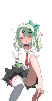1girl absurdres black_choker blush breasts choker cum dark-skinned_male dark_skin ejaculation footjob green_eyes green_panties grey_hair hair_in_own_mouth heart highres loli long_hair looking_at_viewer master_mocha necktie open_mouth panties pantyshot penis puffy_short_sleeves puffy_sleeves red_necktie shirt short_sleeves simple_background single_bare_foot single_thighhigh sitting small_breasts solo_focus sunna_(zenless_zone_zero) thighhighs toes underwear white_background white_shirt white_thighhighs zenless_zone_zero