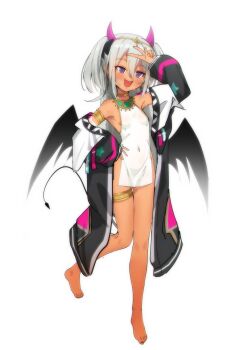 1girl absurdres ancient_egyptian_clothes artist_self-insert barefoot black_jacket breasts covered_navel dark-skinned_female dark_skin demon_horns demon_tail demon_wings fang gluteal_fold grey_hair hair_between_eyes highres horns indie_virtual_youtuber jacket jewelry long_sleeves nagisa-chan_(nakatokung) nakatokung necklace open_mouth purple_eyes simple_background small_breasts solo tail tan v virtual_youtuber white_background wings