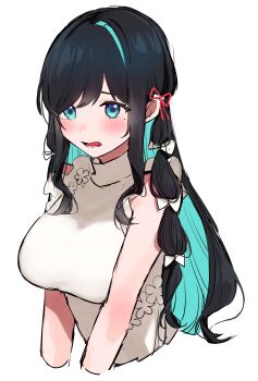 1girl absurdres aqua_eyes aqua_hair armpit_crease artist_self-insert black_hair blush bow breasts colored_inner_hair hair_bow highres large_breasts long_hair mole mole_under_eye momifa2 multicolored_hair multiple_hair_bows original shirt simple_background sleeveless sleeveless_shirt solo tearing_up two-tone_hair white_background
