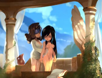 2girls beatrix beatrix_(ff9) black_hair blurry breasts brown_hair closed_mouth clothed_female_nude_female cloud curly_hair day depth_of_field eyepatch female_pubic_hair final_fantasy final_fantasy_ix garnet_til_alexandros_xvii jar long_hair mountainous_horizon multiple_girls navel nipples nude open_clothes open_shirt optionaltypo pillar pubic_hair sky small_breasts standing stomach towel washing_another wet