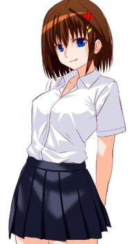 Rule 34 | 1girl, black skirt, blue eyes, breasts, brown hair, commentary request, engo (aquawatery), hair ornament, looking at viewer, lyrical nanoha, mahou shoujo lyrical nanoha strikers, medium breasts, pleated skirt, school uniform, shirt, short hair, skirt, smile, solo, white shirt, x hair ornament, yagami hayate