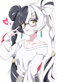 1girl absurdres adjusting_eyewear ahoge alternate_costume black_hair blush braid braided_twintails collarbone commentary_request dialyn_(zenless_zone_zero) earrings glasses hair_ornament hairclip heart highres hutsugyou jewelry long_hair looking_at_viewer multicolored_hair round_eyewear shirt simple_background solo split-color_hair tongue tongue_out upper_body white_background white_hair white_shirt zenless_zone_zero