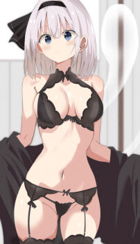 1girl absurdres black_bra black_garter_belt black_hairband black_panties black_ribbon black_thighhighs blue_eyes bra breasts closed_mouth commentary_request cowboy_shot daru_(kumakumadon) garter_belt ghost hair_ribbon hairband highres konpaku_youmu konpaku_youmu_(ghost) light_frown lingerie looking_to_the_side medium_breasts navel panties ribbon short_hair solo standing thighhighs touhou underwear underwear_only white_hair