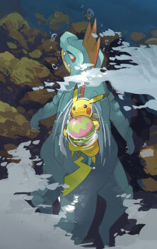 :3 air_bubble animal_focus berry_(pokemon) bubble claws closed_mouth fangs feraligatr gen_1_pokemon gen_2_pokemon highres holding nintendo no_humans pikachu pokemon pokemon_(creature) pokemon_focus red_eyes river rock smile swimming tail teeth water watmel_berry yamaori_(hakkentai_pokedan)