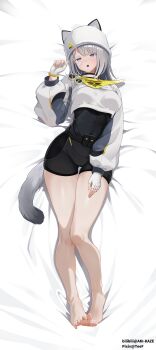 1girl :o absurdres arknights arknights:_endfield bandaid bandaid_on_cheek bandaid_on_face barefoot blue_eyes breasts chinese_commentary clothes_writing commentary_request dakimakura_(medium) endfield_industries_logo estella_(arknights) fingerless_gloves fingernails full_body gloves grey_hair grey_tail hand_up hat highres long_sleeves looking_at_viewer lying medium_breasts mixed-language_commentary on_back open_mouth puffy_long_sleeves puffy_sleeves short_hair solo tail teef thigh_gap toenails toes white_gloves white_hat