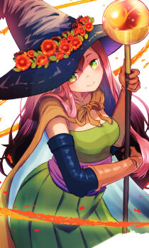 1girl absurdres black_hat black_sleeves breasts cape closed_mouth commentary_request detached_sleeves dragon_quest dragon_quest_iii dress floating_clothes flower gloves green_dress green_eyes hat hat_flower highres holding holding_staff long_hair looking_at_viewer mage_(dq3) mage_staff medium_breasts orange_cape orange_gloves pink_hair red_flower smile solo staff stamac_jack strapless strapless_dress two-sided_cape two-sided_fabric white_background white_cape witch_hat