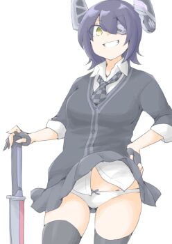 1girl akara_kai black_gloves black_skirt black_thighhighs clothes_lift commentary eyepatch gloves grin hair_over_one_eye highres holding holding_sword holding_weapon kantai_collection looking_at_viewer miniskirt necktie panties plaid_clothes plaid_necktie purple_hair short_hair simple_background skirt skirt_lift smile solo sword tenryuu_(kancolle) thighhighs underwear weapon white_background white_panties