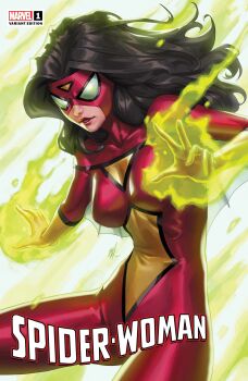Rule 34 | 1girl, absurdres, black hair, bodysuit, breasts, character name, comic cover, company name, copyright logo, copyright name, cover, cover page, cowboy shot, ejikure, gloves, highres, jessica drew, logo, long hair, looking at viewer, marvel, mask, medium breasts, multicolored bodysuit, official art, parted lips, red bodysuit, signature, solo, spider-man (series), spider-woman, superhero costume, white background, yellow bodysuit, yellow gloves